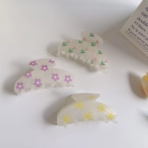 Floral acetate hair claw clip set with pastel flower patterns in a soft French style