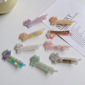 Japanese Style Cute Cat Acetate Hair Clip For Girls Women Artificial Pearl Rhinestone Gradient Marble Pattern Hair Side Clip Accessory