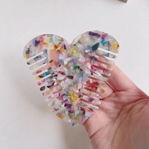 Colorful heart-shaped acetate hair comb with floral marble pattern for women hair care