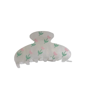 Translucent white acrylic hair claw clip with pink tulip floral print for women