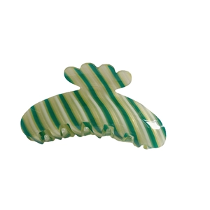 Chic green and white diagonal striped hair claw clip with a glossy acetate finish