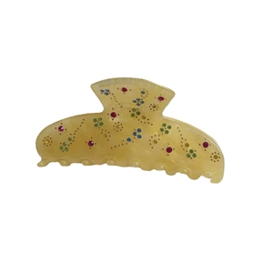Elegant cream acetate hair claw clip with colorful floral rhinestones and gold studs
