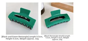 Size comparison of green and black acetate hair claws in large and small dimensions