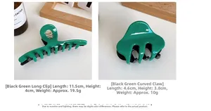 Green and black acetate hair claw set showing sizes and weight for each clip