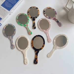 Retro Acetate Handheld Makeup Mirror Round Geometric Wave Edge Portable Vanity Mirror With Handle For Women Home Travel