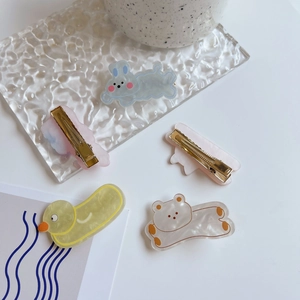 Cute Korean animal hair clips set featuring acrylic rabbit and bear designs