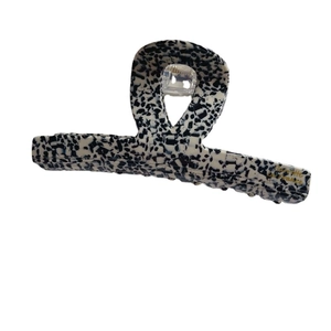 French leopard acetate hair claw clip with black white floral pattern and gold text
