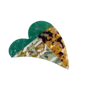 Elegant vintage acetate heart hair claw clip with emerald and tortoiseshell pattern