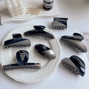 French style grey marble acetate hair claw clip set with elegant metallic finish details