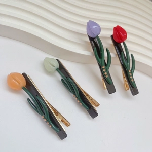 Barrettes tulipes élégantes avec strass en couleurs orange vert violet et rouge