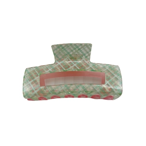 Plaid green and white hair claw clip with translucent pink resin spring mechanism