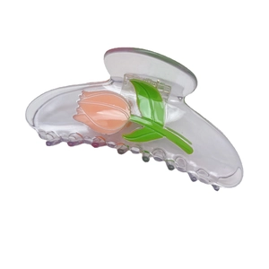 Minimalistische transparente Tulpenteile-Haarklammer mit orange-rosa Blüten