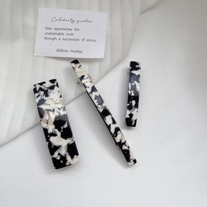 Three-piece set of minimalist black and white marble acetate hair clips for women