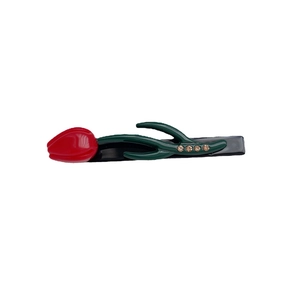 Barrette tulipe rouge avec feuilles vertes et strass jaunes incrustés élégants