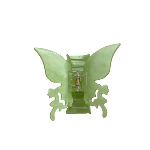 Elegant pearlescent light green butterfly hair claw clip with golden metal spring