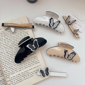 French vintage butterfly hair claw and clip set in black and beige acetate resin