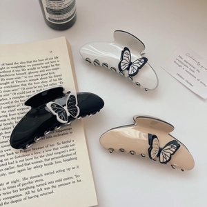 Elegant French butterfly acetate hair claw clips in black cream and khaki colors