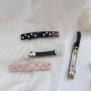 French style acetate heart hair clips with sparkling rhinestones and handmade engraving