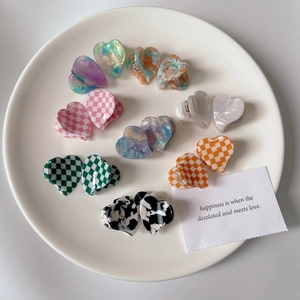 French Retro Heart Acetate Hair Claw Plaid Checkerboard Heart Shape Hair Clip For Women Girly Simple Acetate Hair Accessories