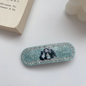 Close-up of acetic acid hair clip with rhinestones and cute cat illustrations