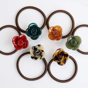 Elegant Camellia Rose Hair Tie Vintage Cellulose Acetate Floral Hair Rope High Elastic Ponytail Holder Women Accessory
