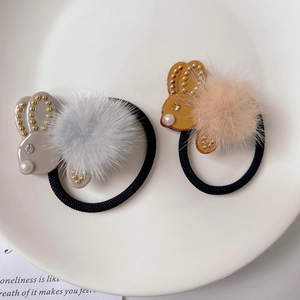 Elastici per capelli a coniglio in acetato con pompon e perle in due colori