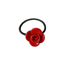 Elegant red acetate rose hair scrunchie with high elastic band and gold handmade lettering