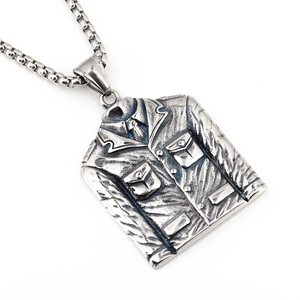 Retro punk tunic jacket pendant necklace in vintage steel finish with box chain for men