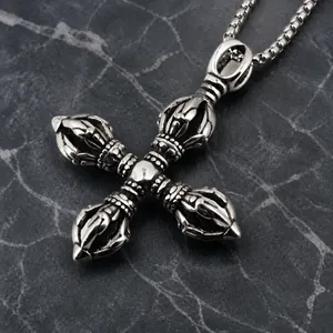Retro stainless steel vajra pestle cross pendant necklace with vintage silver finish for men