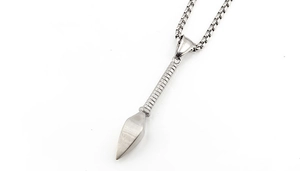 Close-up of silver punk spearhead pendant with box chain made of durable titanium steel