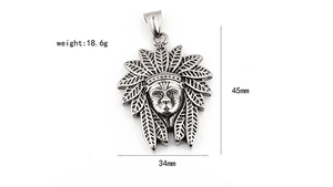 Detailed view of Native American Chief pendant with dimensions 45mm x 34mm and weight 18.6g