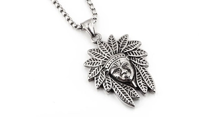 Detailed close-up of a silver vintage Indian chief pendant on a durable box chain