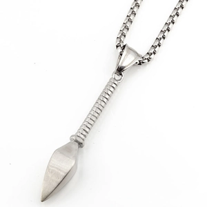 Minimalist stainless steel spear pendant necklace with matte finish on a silver box chain