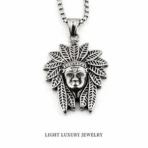 Vintage Titanium Steel Indian Chief Head Pendant Necklace For Men Hip Hop Ethnic Feather Headdress Jewelry Accessories