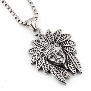 Vintage Indian chief pendant necklace in antique silver steel with a long square chain