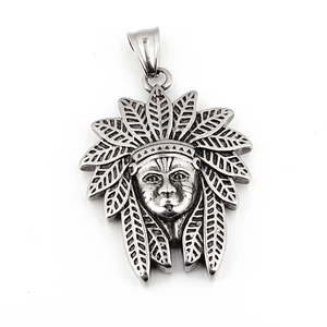 Hip hop Indian chief necklace pendant with detailed feather headdress in metallic finish