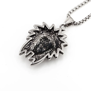 Men's retro stainless steel necklace featuring a radial saw-tooth textured pendant