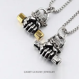 Retro Hip Hop Fist Holding Dumbbell Pendant Necklace For Men Stainless Steel Fitness Sports Jewelry With Box Chain