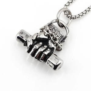 Vintage stainless steel fist and dumbbell necklace with a box chain for men