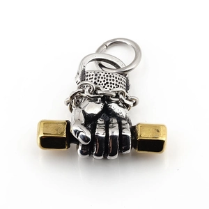 Hip hop fist and dumbbell necklace pendant in silver and gold tone stainless steel