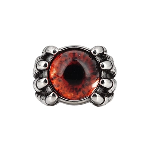Retro punk dragon claw ring with a large red eye orb in a vintage silver finish