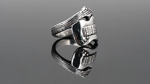 Detail view of vintage steel electric guitar ring with black oxidized strings and pickups