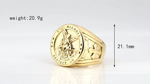 Macro shot of St. Michael gold ring with 21.1mm height and 20.9g weight specifications