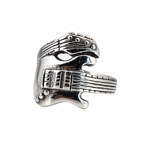 Vintage punk silver electric guitar shaped titanium steel wide ring for men and stylists