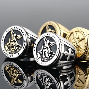 Vintage St. Michael Protect Us Embossed Signet Ring For Men Titanium Steel Religious Archangel Cross Shield Punk Hip Hop Jewelry