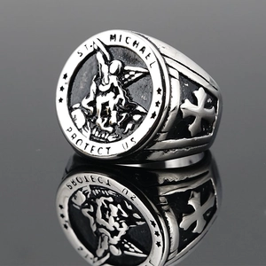 Vintage St. Michael signet ring in oxidized steel with embossed religious details