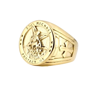 Gold St. Michael archangel signet ring in polished stainless steel with cross relief
