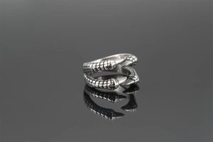 Macro shot of retro stainless steel dragon claw ring with detailed scale textures