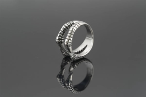 Macro shot of vintage titanium steel dragon claw ring with detailed scale texture