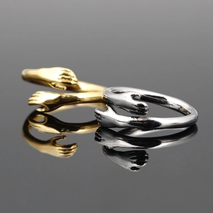 French Style Hugging Hands Stainless Steel Ring Vintage Unisex Adjustable Open Band High Polished Couple Jewelry Gift